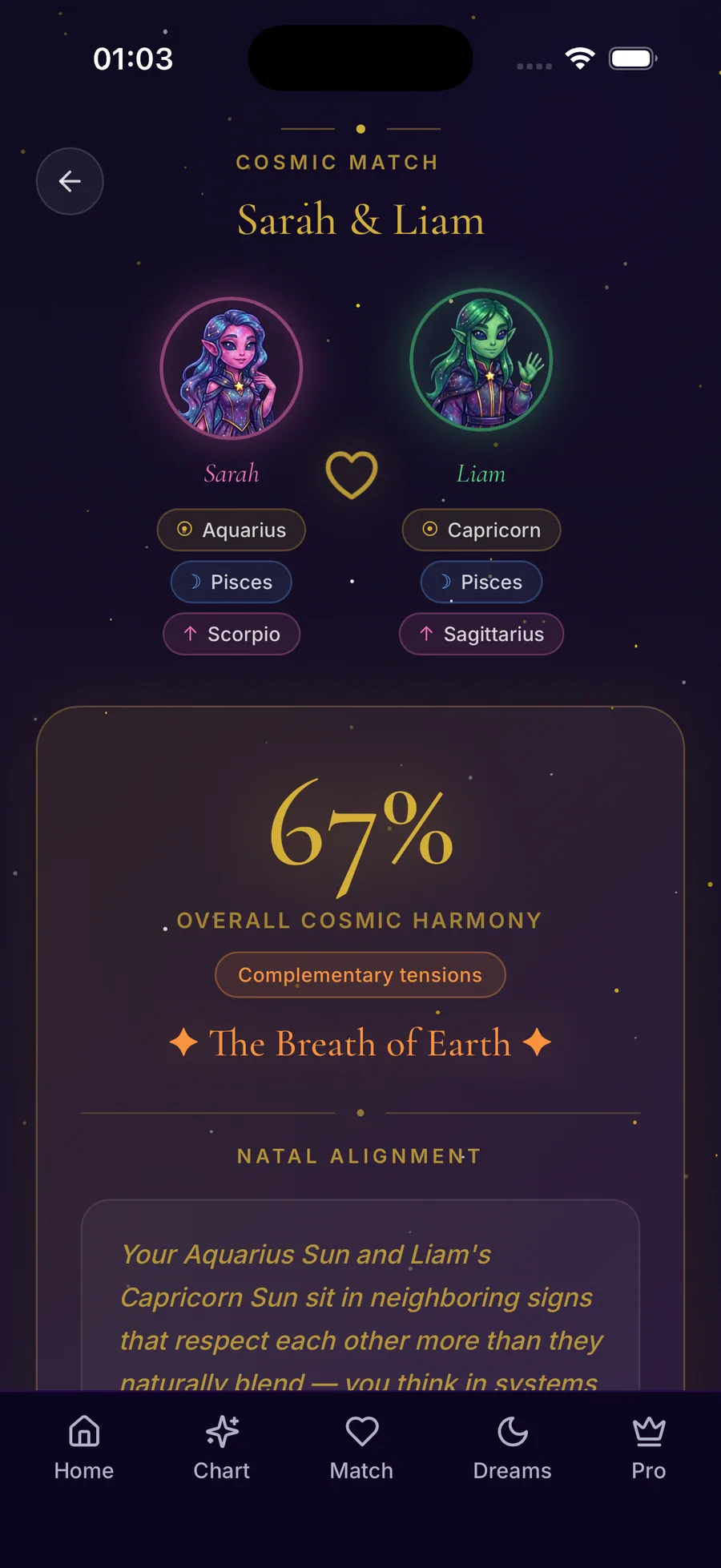 Cosmic Match screen — compatibility score and natal alignment