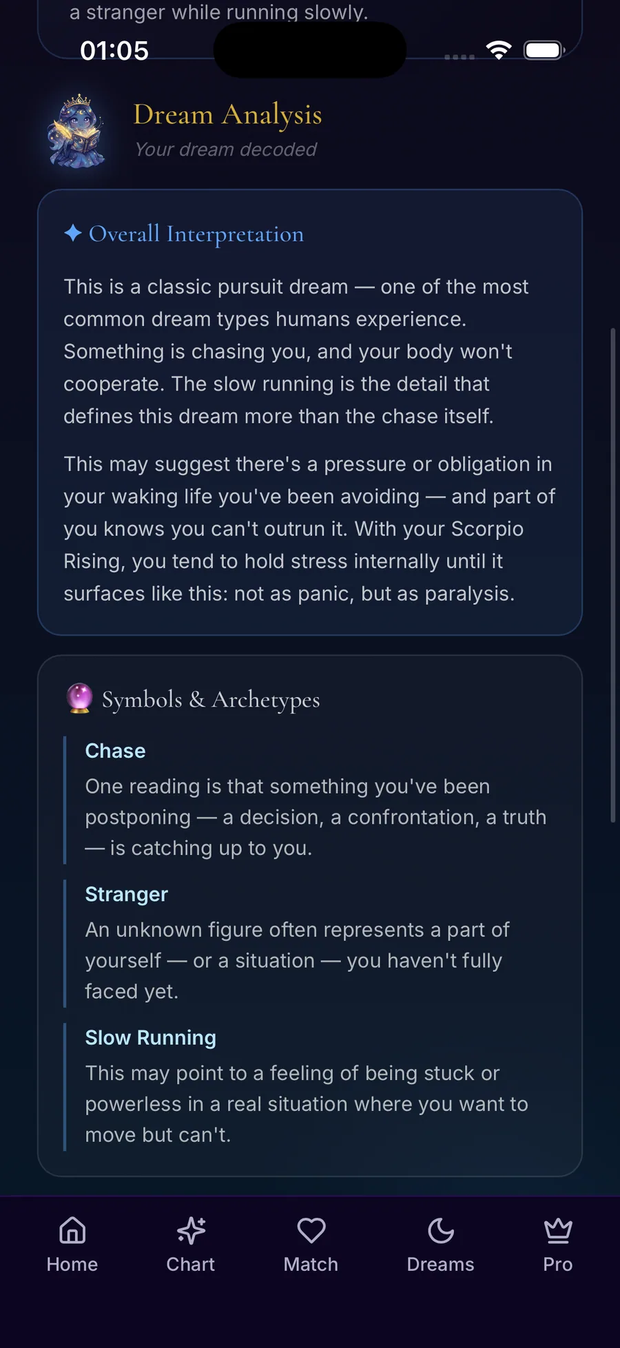 Dream Analysis screen — your dream decoded by Queen