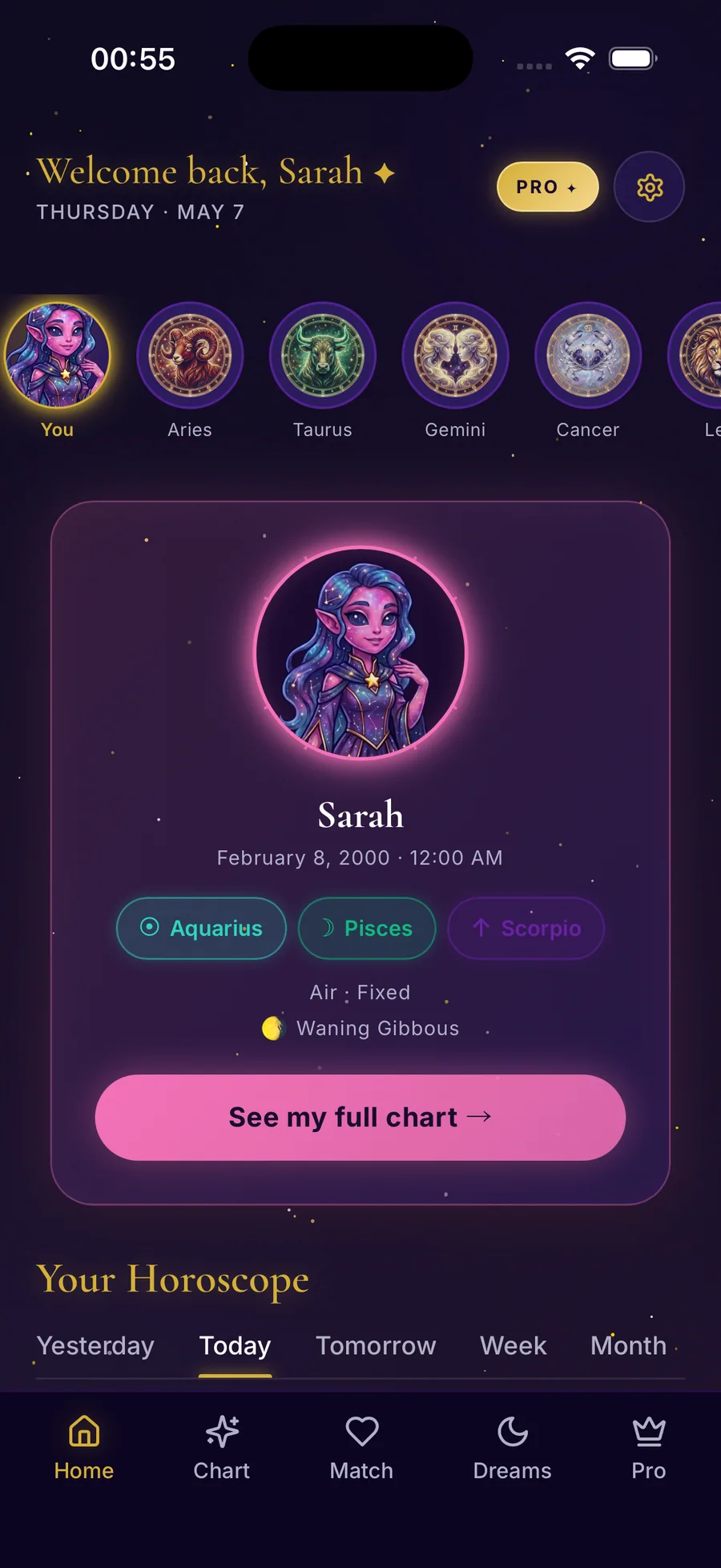 Astro Dream home screen showing your Big Three and today's horoscope